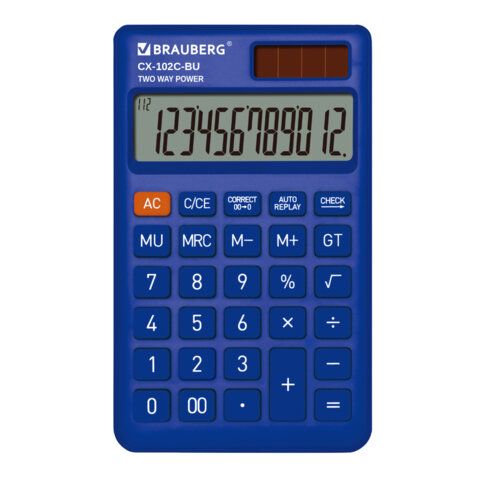 Калькулятор карманный BRAUBERG CX-102C-BU (76x126мм), 12 разрядов, двойное питание, СИНИЙ, 272648