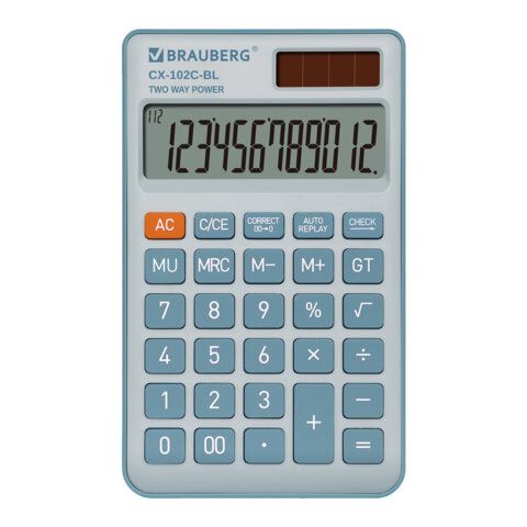 Калькулятор карманный BRAUBERG CX-102C-BL (76x126мм), 12 разрядов, двойное питание, ГОЛУБОЙ, 272649
