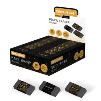 Ластик BRAUBERG 30 шт. GOLDEN BLACK, 50х24х10 мм, ЭКО-ПВХ, прямоугольный, картонный рукав, ассорти, 272728
