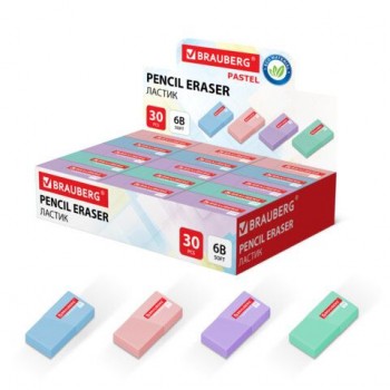 Ластик BRAUBERG 30 шт. PASTEL MATTE, 50х24х10 мм, ЭКО-ПВХ, прямоугольный, картонный рукав, ассорти, 272729
