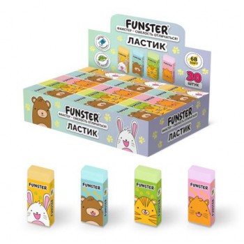 Ластик FUNSTER 30 шт. (ФАНСТЕР) ANIMALS, 50х24х10 мм, ЭКО-ПВХ, прямоугольный, картонный рукав, ассорти, 272730