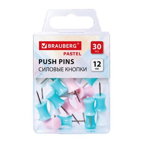 Силовые кнопки-гвоздики BRAUBERG PASTEL, пастельные цвета, 30 штук, 12мм, 272756