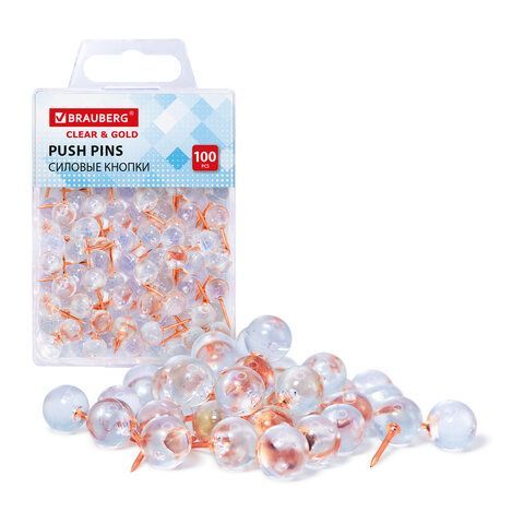 Силовые кнопки-гвоздики BRAUBERG CLEAR &amp; GOLD, прозрачные с золотистым (шарики), 100 штук, 11мм, 272760