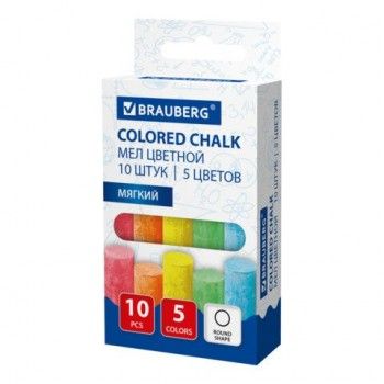 Мел цветной круглый мягкий КОМПЛЕКТ 10 штук, BRAUBERG 6 шт., 272767