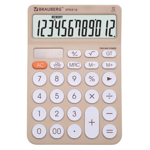 Калькулятор настольный BRAUBERG STYLE-12-BG (157х106мм), 12 разрядов, двойное питание, БЕЖЕВЫЙ, 272967