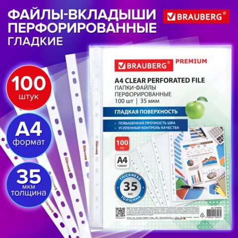 Папки-файлы перфорированные А4 BRAUBERG &quot;PREMIUM&quot;, КОМПЛЕКТ 100 шт., гладкие, 35 мкм, 273003
