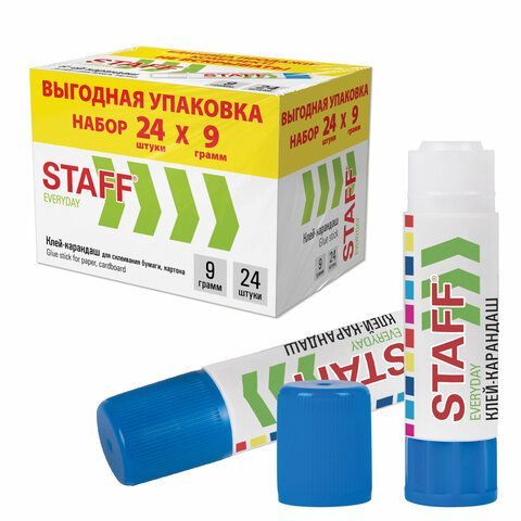 Клей-карандаш 9 г., ВЫГОДНАЯ УПАКОВКА, КОМПЛЕКТ 24 ШТУКИ, STAFF EVERYDAY, 273016