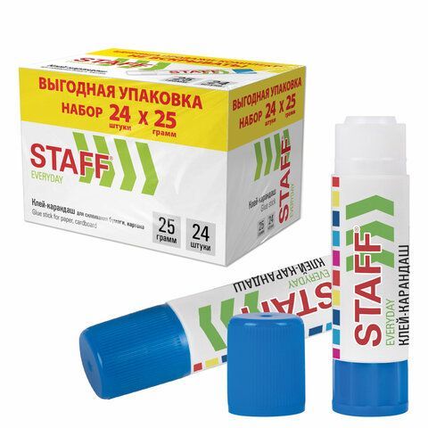 Клей-карандаш 25 г., ВЫГОДНАЯ УПАКОВКА, КОМПЛЕКТ 24 ШТУКИ, STAFF EVERYDAY, 271018, 273018