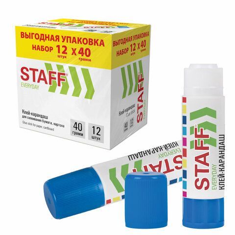 Клей-карандаш 40 г., ВЫГОДНАЯ УПАКОВКА, КОМПЛЕКТ 12 ШТУК, STAFF EVERYDAY, 273019