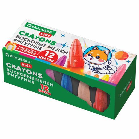 Восковые мелки фигурные BRAUBERG KIDS &quot;РАКЕТА&quot;, НАБОР 12 цветов + НАКЛЕЙКИ В ПОДАРОК!, 273082
