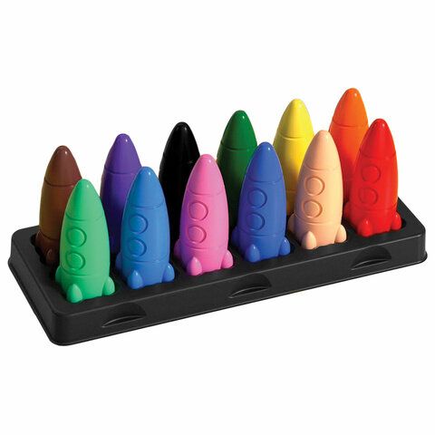 Восковые мелки фигурные BRAUBERG KIDS &quot;РАКЕТА&quot;, НАБОР 12 цветов + НАКЛЕЙКИ В ПОДАРОК!, 273082