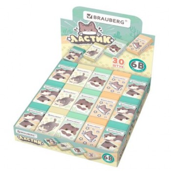Ластик BRAUBERG 30 шт. CUTE CATS, 50х24х10 мм, прямоугольный, цвет ластика ассорти, эко-пвх, картонный держатель, 273227
