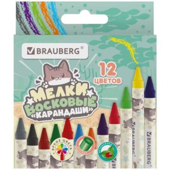 Восковые мелки BRAUBERG 4 шт. МИЛЫЕ КОТЫ, НАБОР 12 цветов, 273229