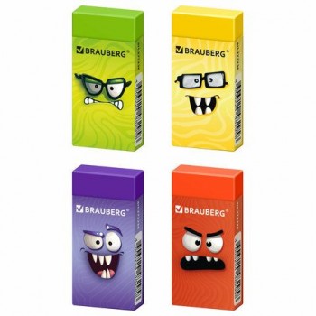 Ластик BRAUBERG 30 шт. CUTE MONSTERS, 50х24х10 мм, прямоугольный, цвета ластика ассорти, эко-пвх, картонный держатель, 273236