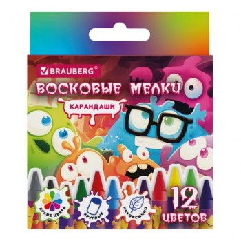 Восковые мелки BRAUBERG 4 шт. CUTE MONSTERS, 12 цветов, 273238