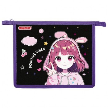 Папка для тетрадей ПИФАГОР А5, 1 отделение, пластик, на молнии, Anime sign, 273328