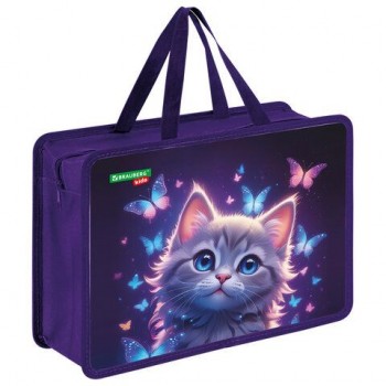Папка на молнии с ручками BRAUBERG KIDS А4, 1 отделение, пластик, 100 мм, Curious cat, 273376
