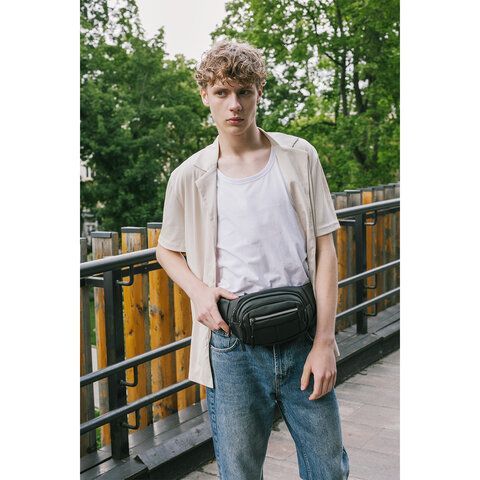 РЕЗЕРВ Сумка на пояс PROMPT, два отделения, светоотражающая молния, черная, 35х13,5х4, 273922