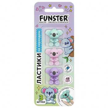Ластик-топпер для карандаша FUNSTER (ФАНСТЕР) "КОАЛЫ", НАБОР 3 штуки, пастельные цвета ассорти, блистер, 274013