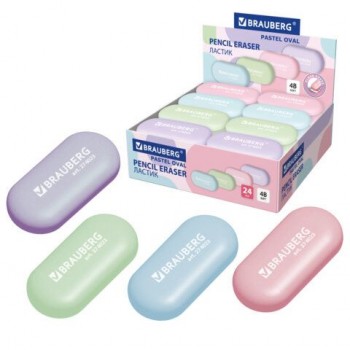 Ластик BRAUBERG 24 шт. "PASTEL OVAL", 50х23х10 мм, цвета ассорти, овальный, 274023