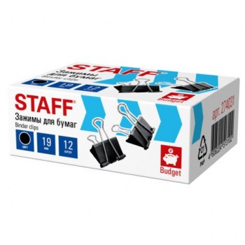 Зажимы для бумаг STAFF 60 шт. ECO, КОМПЛЕКТ 12 шт, 19 мм, на 60 листов, черные, картонная коробка, 274031