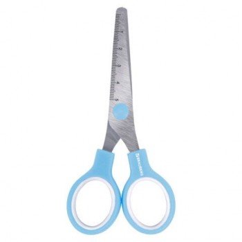 Ножницы BRAUBERG KIDS 130 мм, ручки небесно-голубые, закругленные лезвия с линейкой, 274060