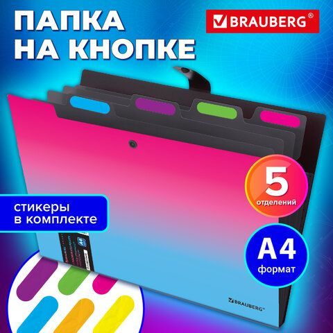 Папка-органайзер на кнопке 5 отделений, BRAUBERG GRADE, A4, розово-голубой градиент, 274091