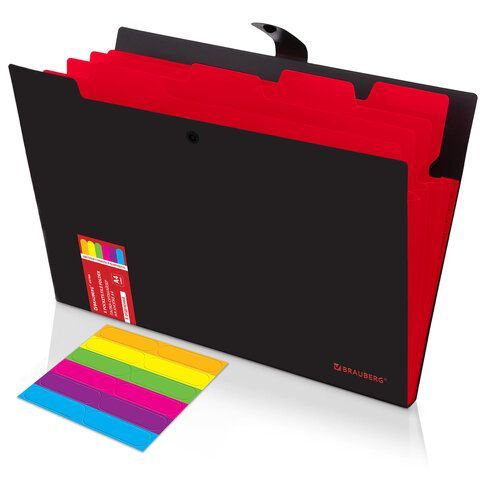 Папка-органайзер на кнопке 5 отделений, BRAUBERG "Extra", А4, черная с красным, 274095