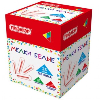 Мел белый БЕЗ ПРИМЕСЕЙ квадратный 25 штук, мягкое письмо, ПИФАГОР 20 шт., картонная упаковка, х, 274122