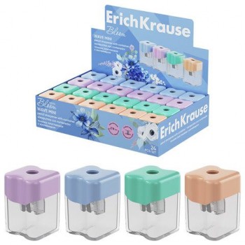Точилка ERICH KRAUSE 24 шт. Wave Mini Pastel Bloom с контейнером, пластиковая, корпус ассорт, 60044