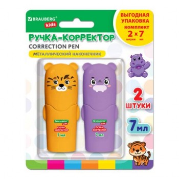 Ручка-корректор 7 мл, ВЫГОДНАЯ УПАКОВКА, КОМПЛЕКТ 2 штуки, BRAUBERG 12 шт. KIDS "ЗВЕРЯТА", металлический наконечник, 274230