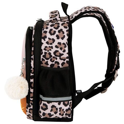 Ранец BRAUBERG STABLE, 2 отделения, с брелком, "Curious leopard", 36х28х16 см, 274387