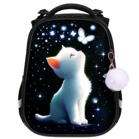 Ранец BRAUBERG PREMIUM, 2 отделения, с брелком, "White kitten", СВЕТЯЩИЙСЯ, 38х29х16 см, 274392