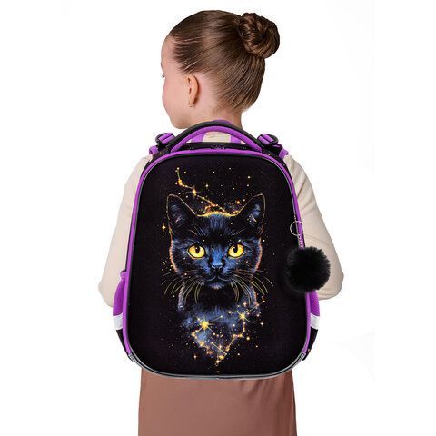 Ранец BRAUBERG ORIGINAL, 2 отделения, с брелком, "Galactic cat", 38х29х16 см, 274403