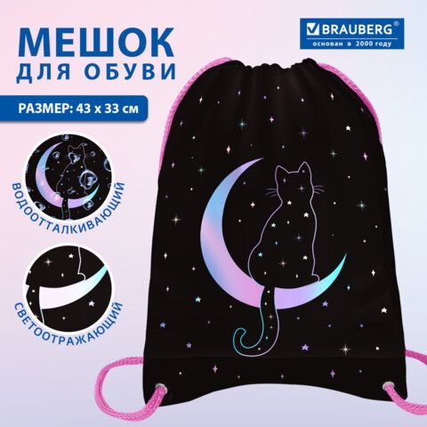 Мешок для обуви BRAUBERG PREMIUM, карман, подкладка, светоотражайка, 43х33 см, "Night moon", 274645