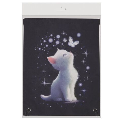 Мешок для обуви BRAUBERG PREMIUM, карман, подкладка, светоотражайка, 43х33 см, "White kitten", 274646
