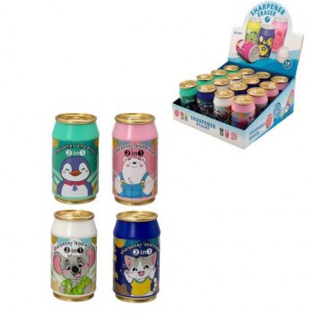 Точилка с ластиком 2 в 1 "Жестяная банка", контейнер, корпус ассорти, дисплей, СNT, 7, 77250