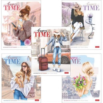 Тетрадь А5, 48 л., HATBER 5 шт., скоба, клетка, матовая ламинация, "Happy time" (5 видов в спайке), 48Т5лВ1