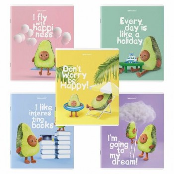 Тетради КОМПЛЕКТ 5 шт., А5, 48 л., BRAUBERG скоба, клетка, глянцевый лак, "Плюшевые Авокадо", 404392