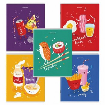 Тетради КОМПЛЕКТ 5 шт. А5, 48 л., BRAUBERG скоба, клетка, TWIN лак, "Funny Food", 404397