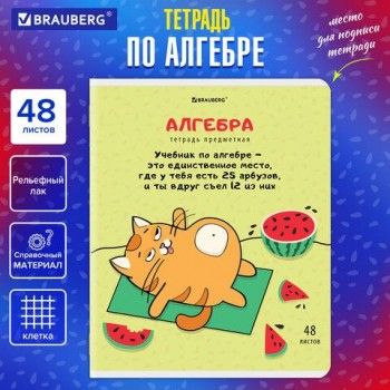 Тетрадь предметная "КОТ-ЭНТУЗИАСТ" 48 л., TWIN-лак, АЛГЕБРА, клетка, подсказ, BRAUBERG 10 шт., 404556