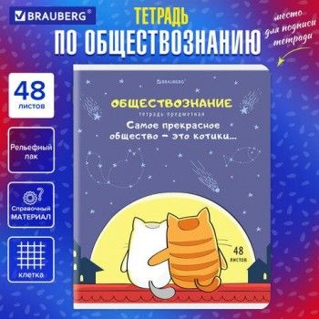 Тетрадь предметная "КОТ-ЭНТУЗИАСТ" 48 л., TWIN-лак, ОБЩЕСТВОЗНАНИЕ, клетка, подсказ, BRAUBERG 10 шт., 404557