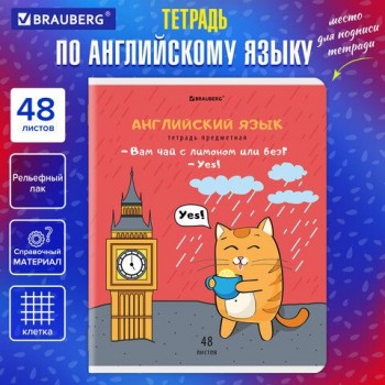 Тетрадь предметная "КОТ-ЭНТУЗИАСТ" 48 л., TWIN-лак, АНГЛИЙСКИЙ ЯЗЫК, клетка, подсказ, BRAUBERG 10 шт., 404558