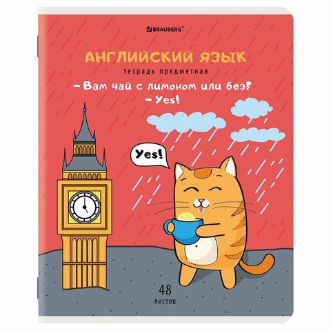 Тетрадь предметная &quot;КОТ-ЭНТУЗИАСТ&quot; 48 л., TWIN-лак, АНГЛИЙСКИЙ ЯЗЫК, клетка, подсказ, BRAUBERG 10 шт., 404558