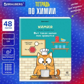 Тетрадь предметная "КОТ-ЭНТУЗИАСТ" 48 л., TWIN-лак, ХИМИЯ, клетка, подсказ, BRAUBERG 10 шт., 404567