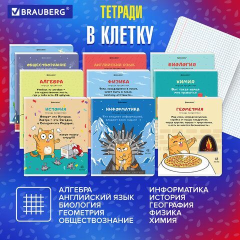 Тетради предметные, КОМПЛЕКТ 12 ПРЕДМЕТОВ, &quot;КОТ-ЭНТУЗИАСТ&quot;, 48 л., TWIN-лак, BRAUBERG, 404609