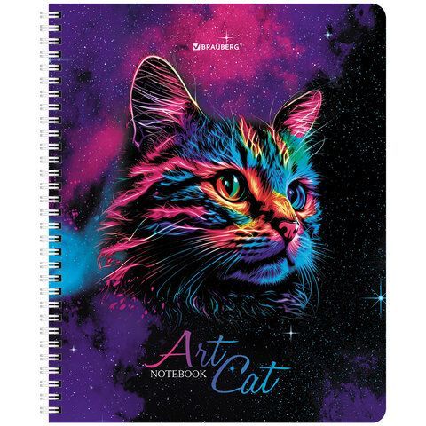 Тетради ДЭК А5 48 л. КОМПЛЕКТ 4 шт., BRAUBERG, гребень, клетка, TWIN лак, "Neon Cats", 404660