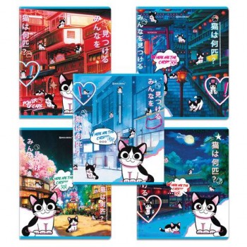 Тетради ДЭК А5 48 л. КОМПЛЕКТ 5 шт. BRAUBERG, скоба, клетка, матовая ламинация, лак, "Аниме Кот", 404671