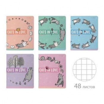 Тетрадь А5 48 л. BRUNO VISCONTI 5 шт., скоба, клетка, матовая ламинация, "CATS IN LOVE" (5 видов), 7-48-1230