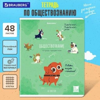 Тетрадь предметная DOG БОБИК 48 л., TWIN-лак, ОБЩЕСТВОЗНАНИЕ, клетка, подсказ, BRAUBERG 10 шт., 404783